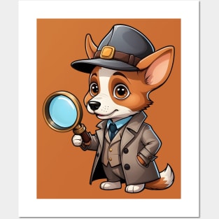 Cute Detective Dog with Magnifying Glass Posters and Art